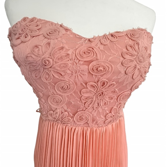 Papaya Strapless Peach Chiffon Maxi Dress M Lace Appliqué Bodice, Pleated Skirt - Picture 2 of 10